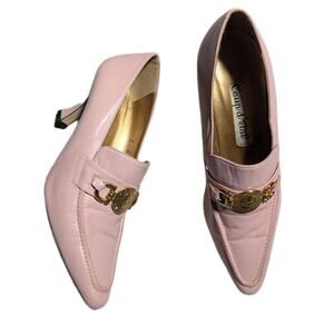 Vtg 1980s Coup D'Etat Pale Pink Leather Pointed Toe Medallion Loafer Pumps Sz 7
